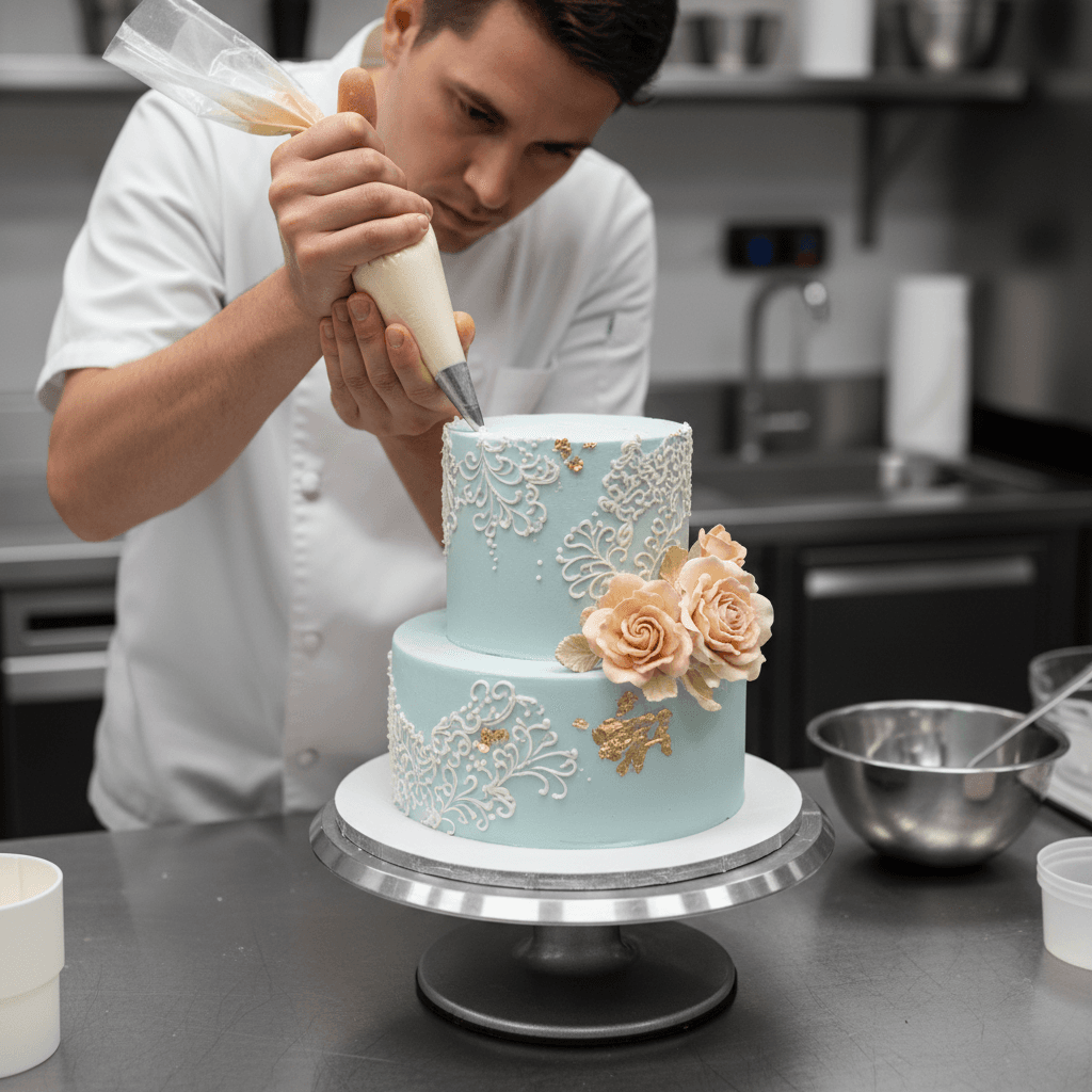 Baker decorating a custom celebration cake with piping