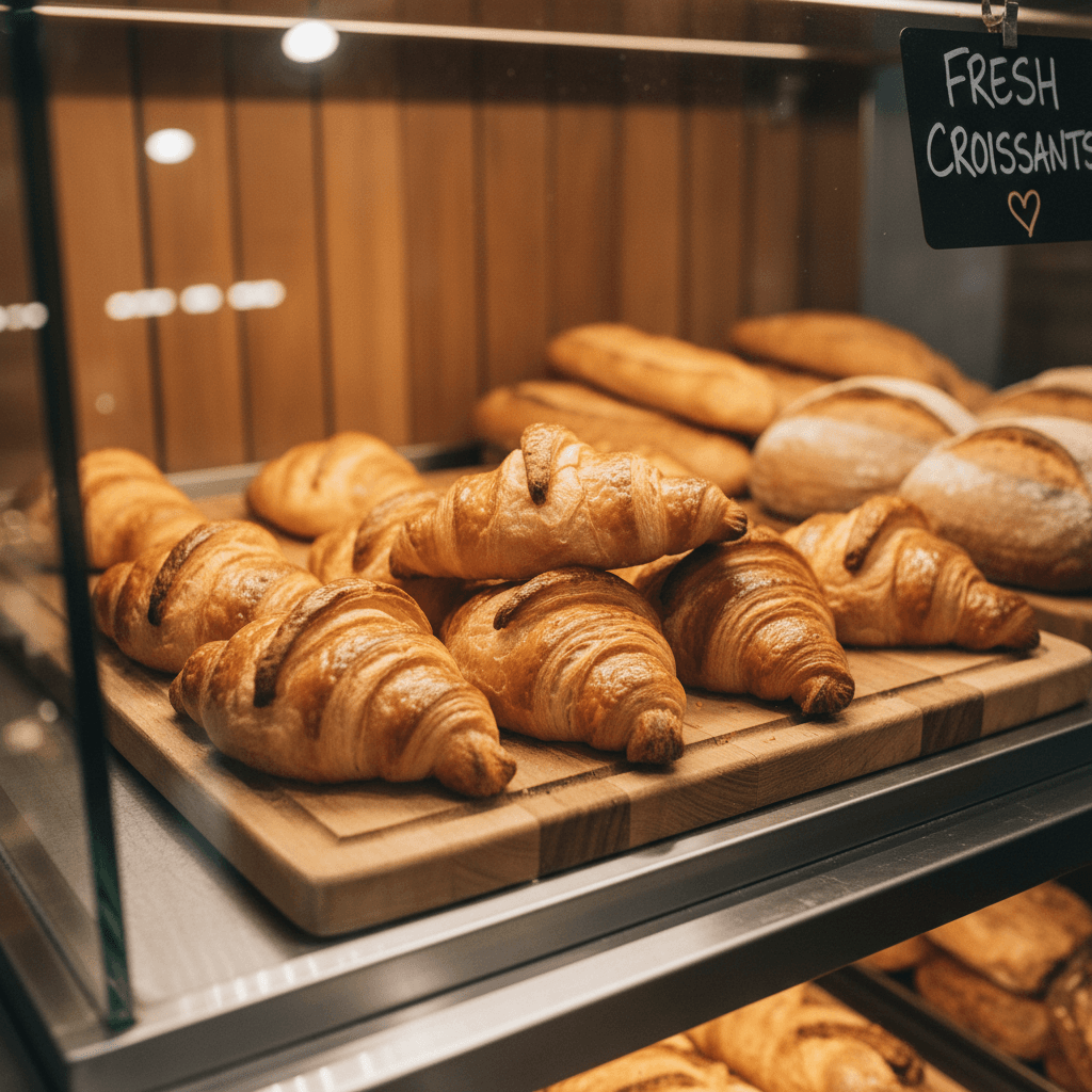 Golden flaky croissants on a wooden board