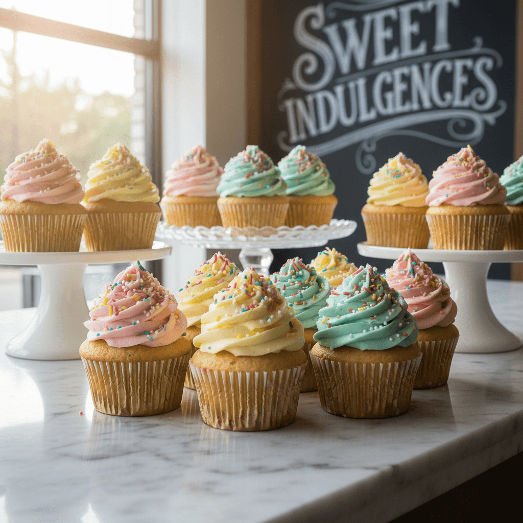 Frosted cupcakes with swirled buttercream on a bakery counter