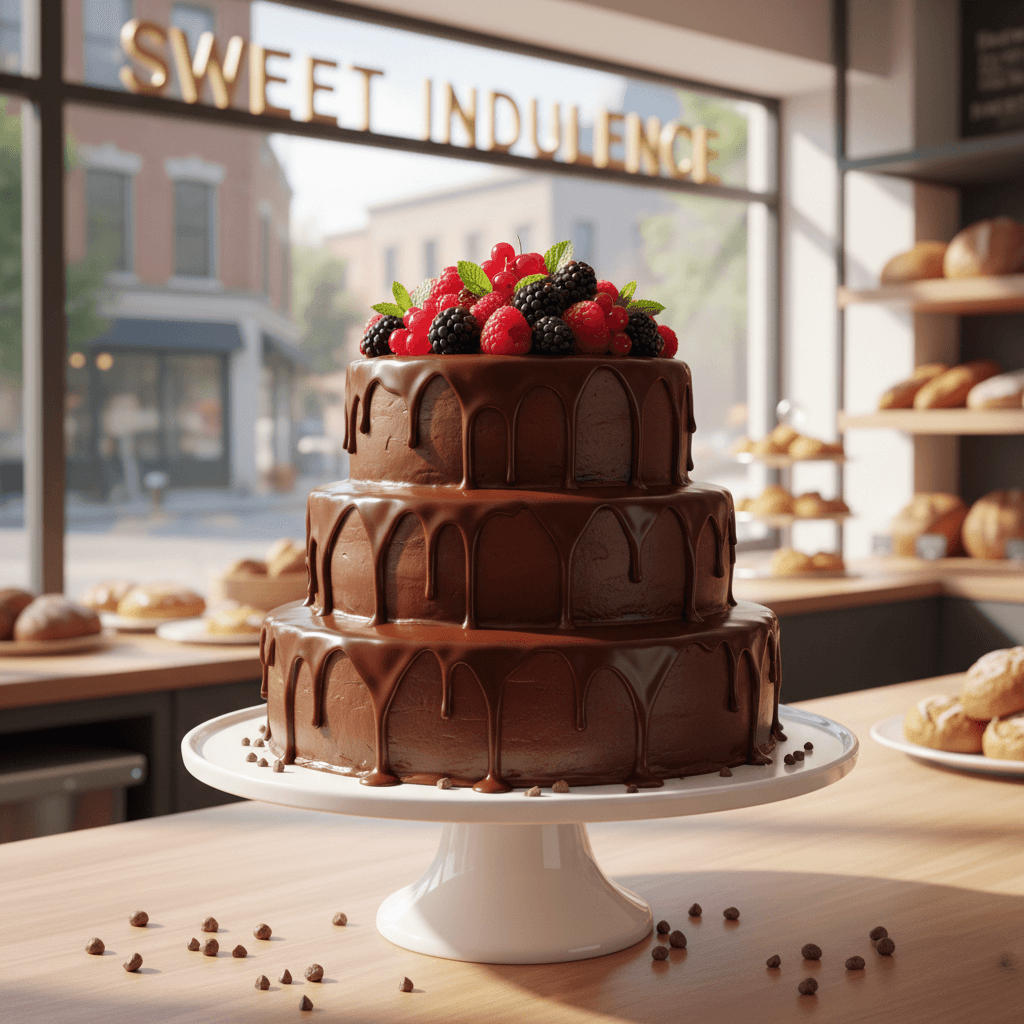 Multi-layer cake with chocolate ganache and fresh berries on a cake stand