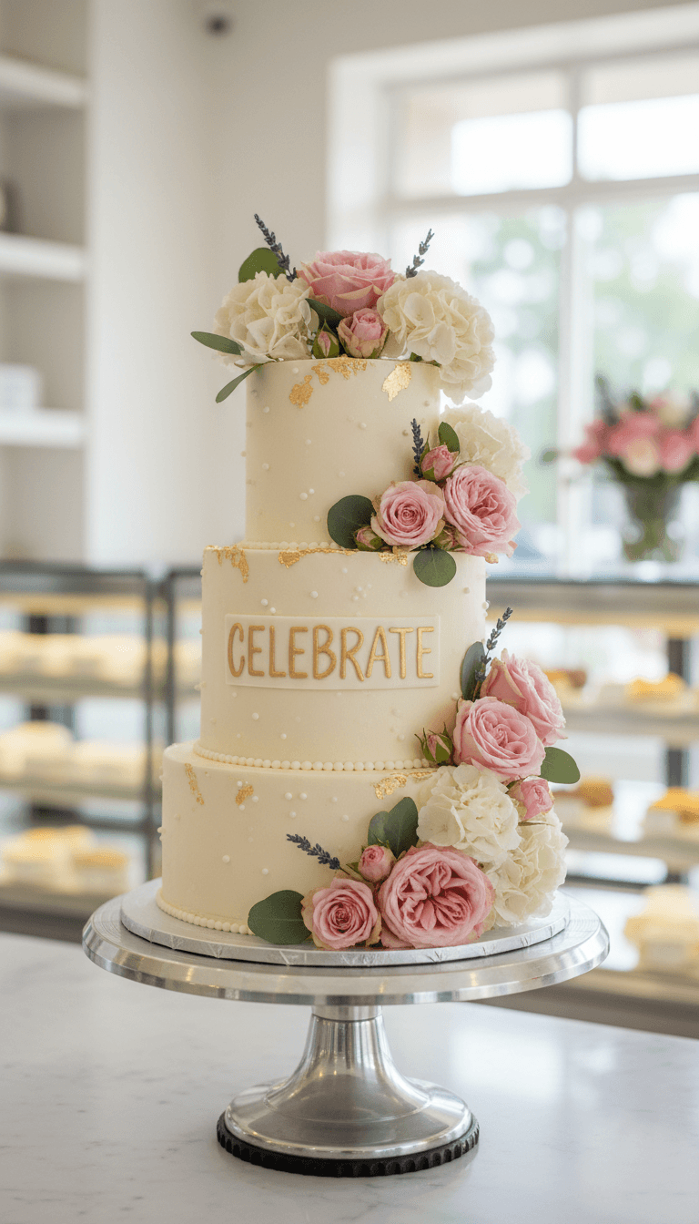 Custom designed cake with fresh flowers on a stand