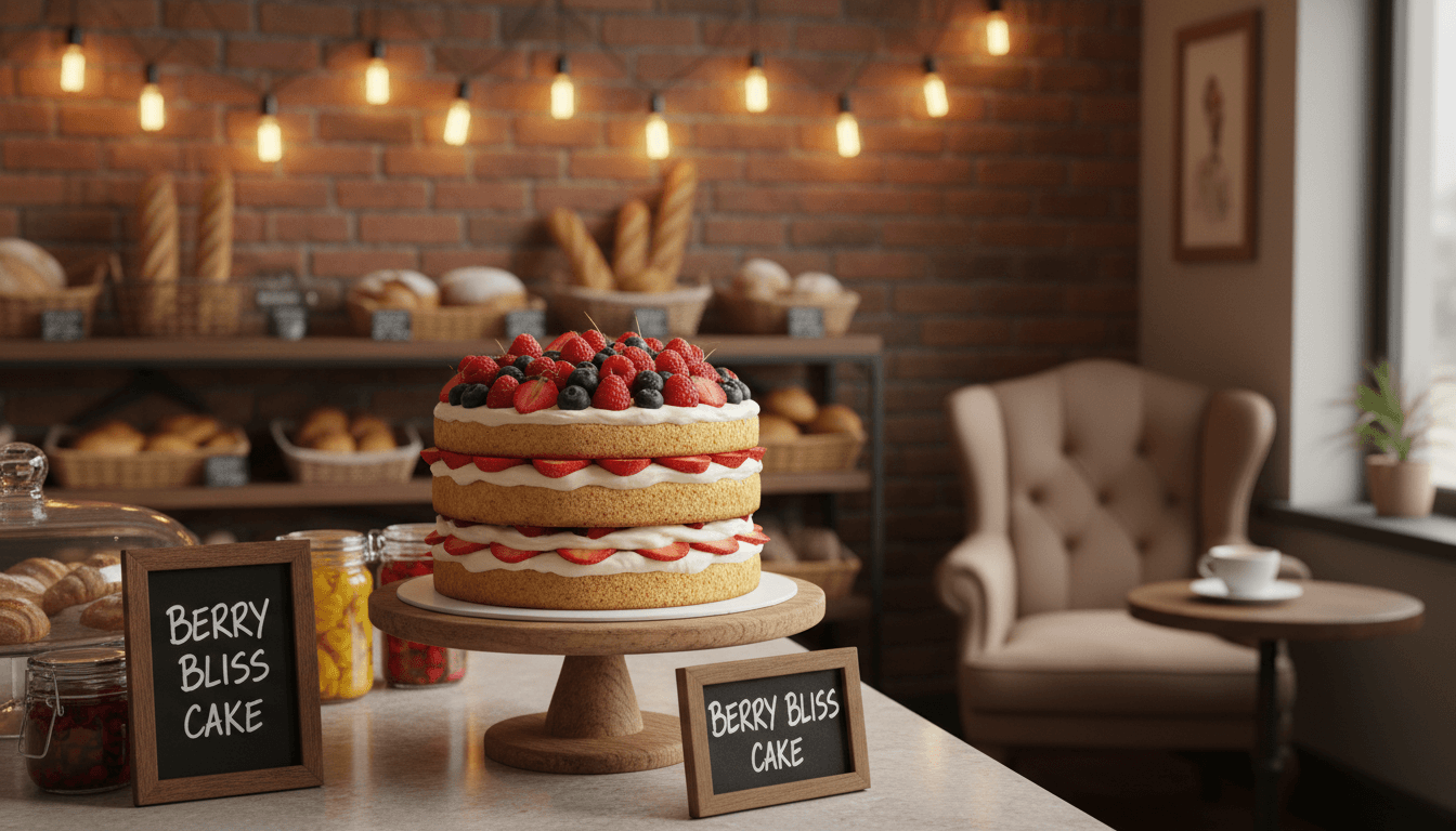 Decorated layer cake with fresh berries on a stand in a cozy Toronto bakery
