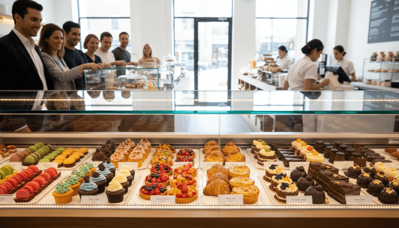Colorful assortment of cakes, pastries, and cupcakes displayed in a bright modern bakery