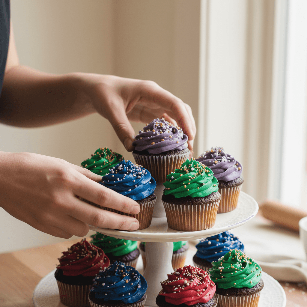 Assorted cupcakes with colorful buttercream frosting on a tray