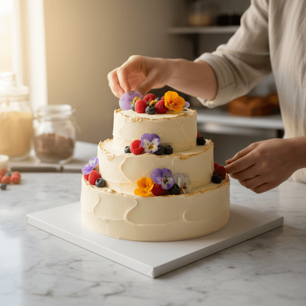 Elegant drip cake topped with fresh berries on a cake stand