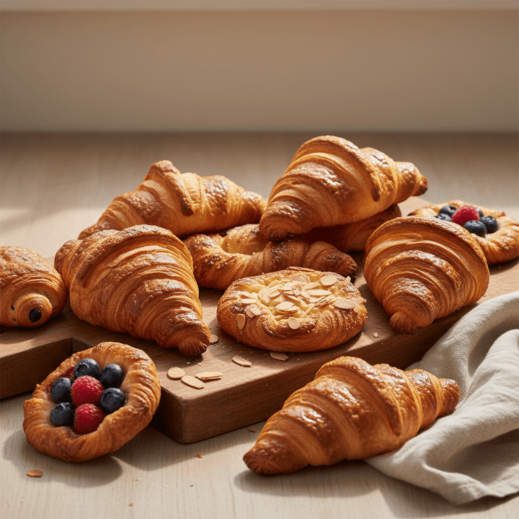 Flaky butter croissants and pastries arranged on a wooden board