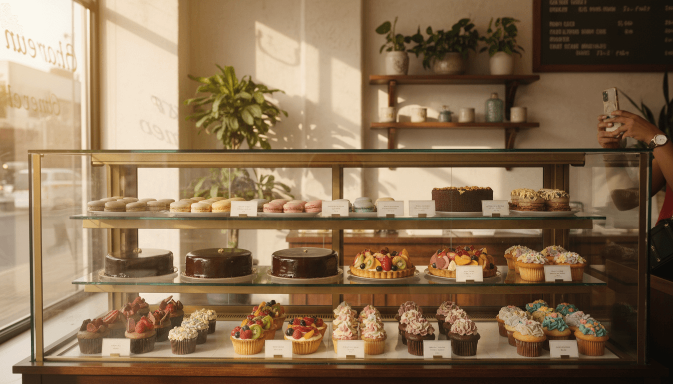 Display case of handcrafted cakes, pastries, and cookies at Malcolm Dessert Shop