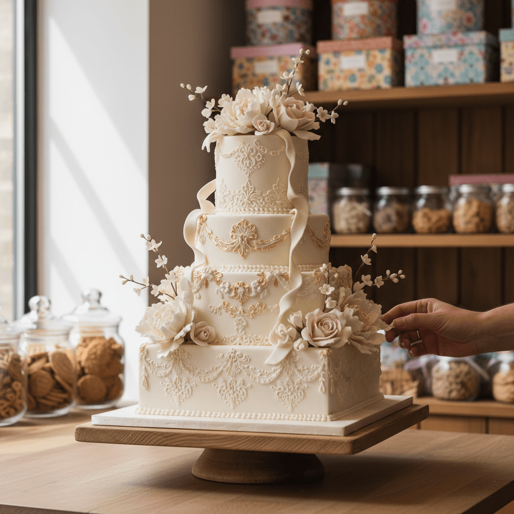 Vanilla layer cake with white frosting and flowers