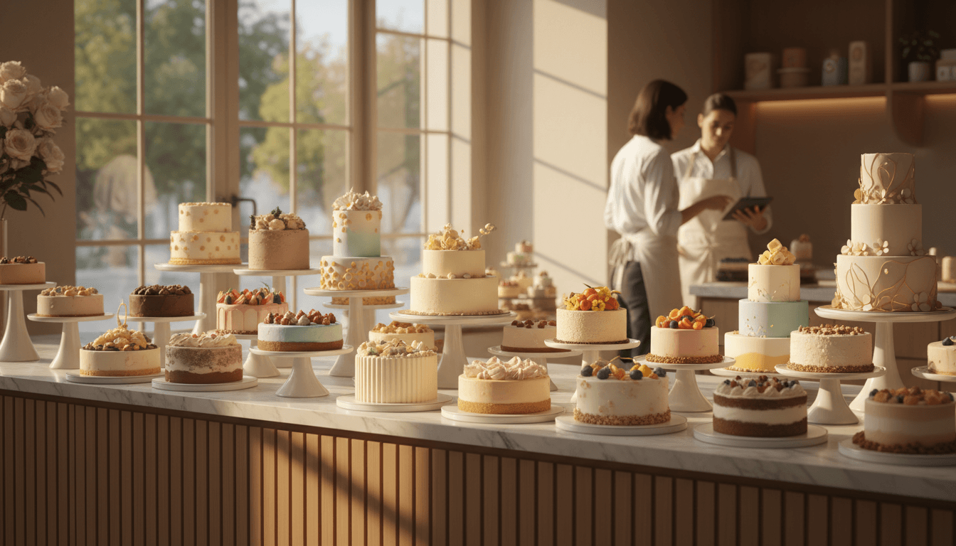 Elegant cakes and pastries displayed on a counter in a modern bakery with warm lighting