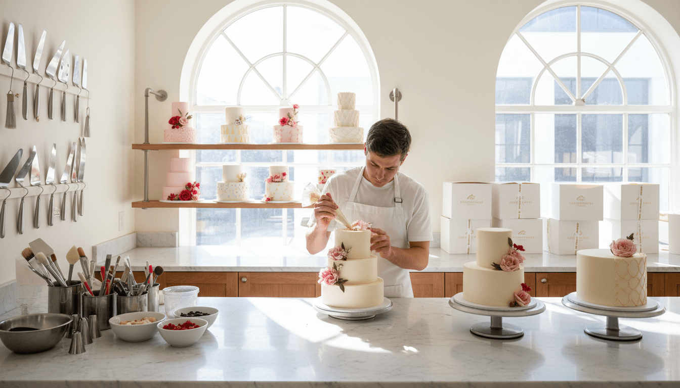 Baker decorating a custom cake in the shop
