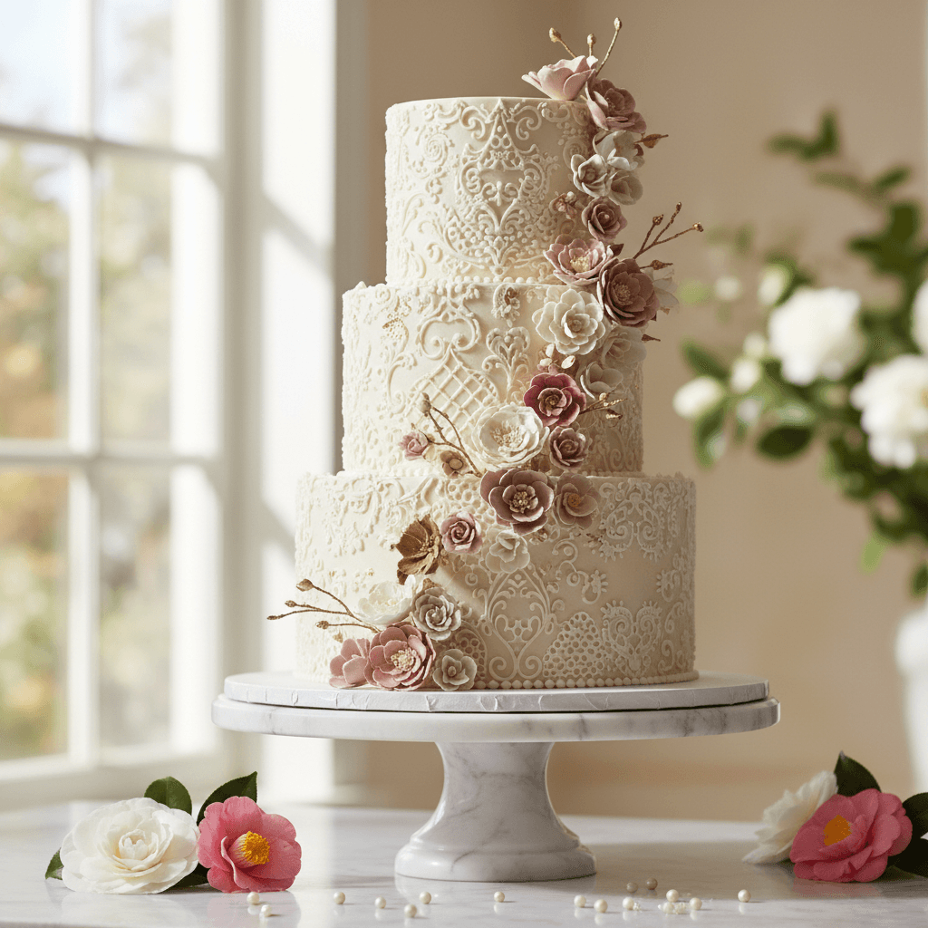 Decorated celebration cake with elegant frosting on display in a bright bakery