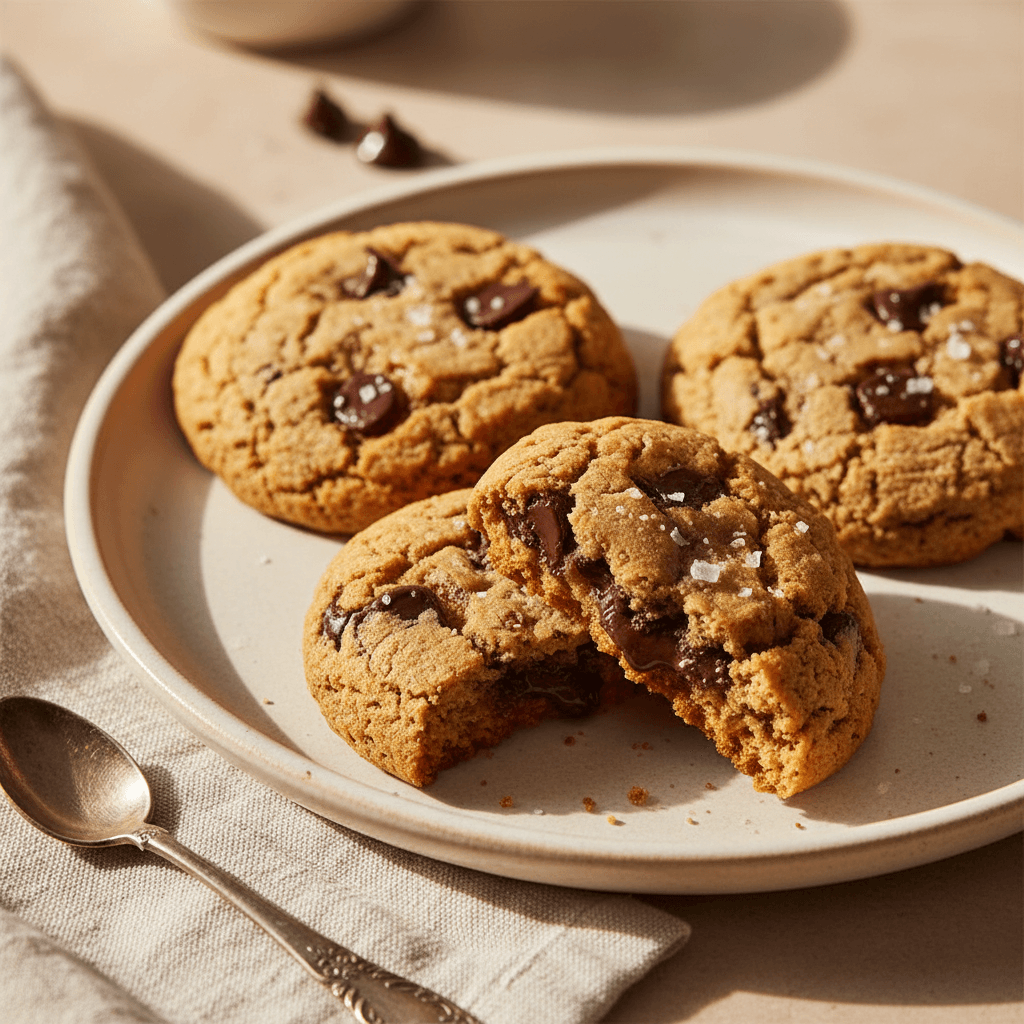 Stack of chewy brown butter cookies on a wooden board