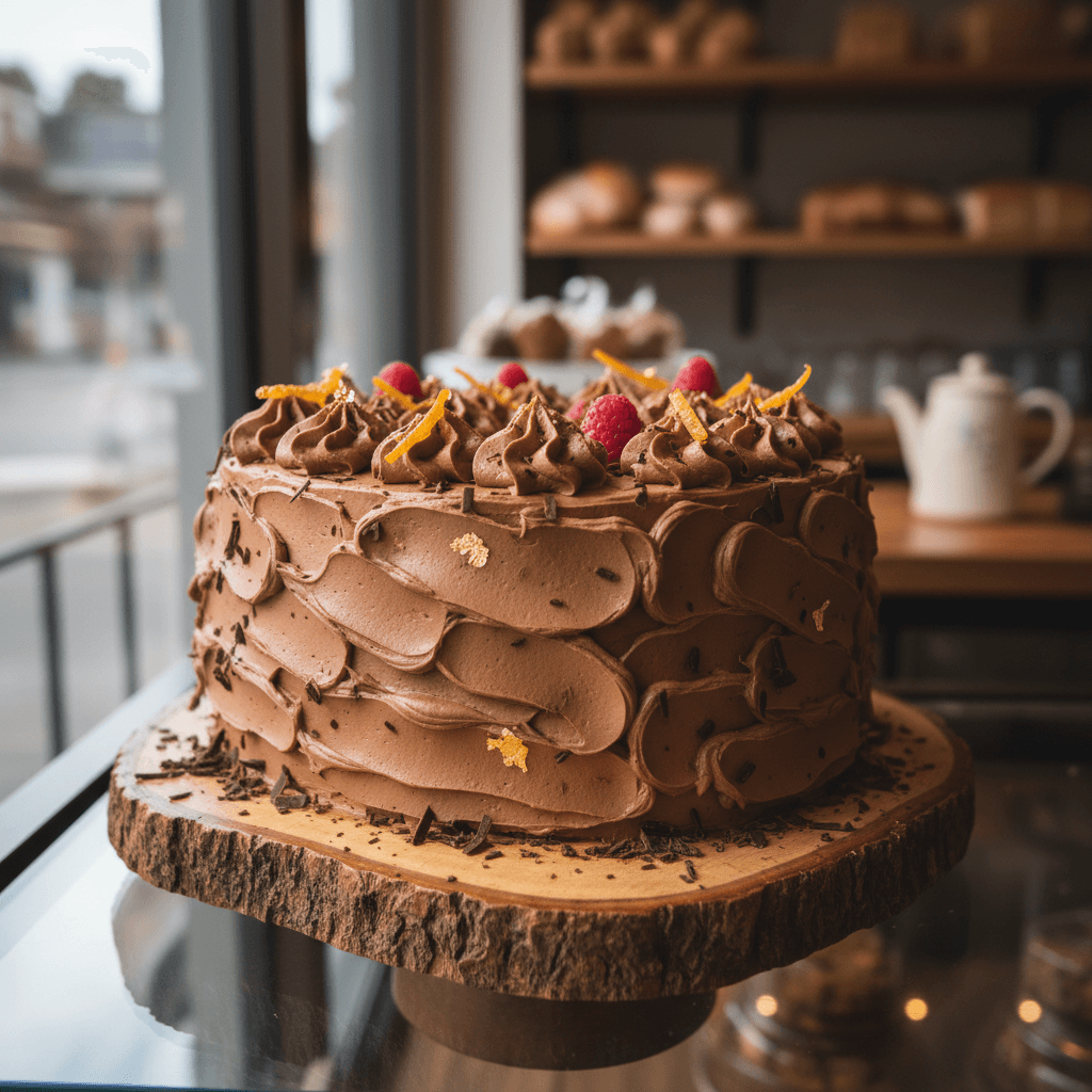 Decorated birthday cake with candles on a wooden table in a bright bakery