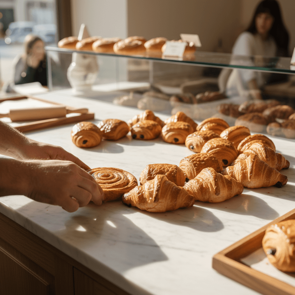 Assorted French pastries displayed on a bakery counter with warm lighting