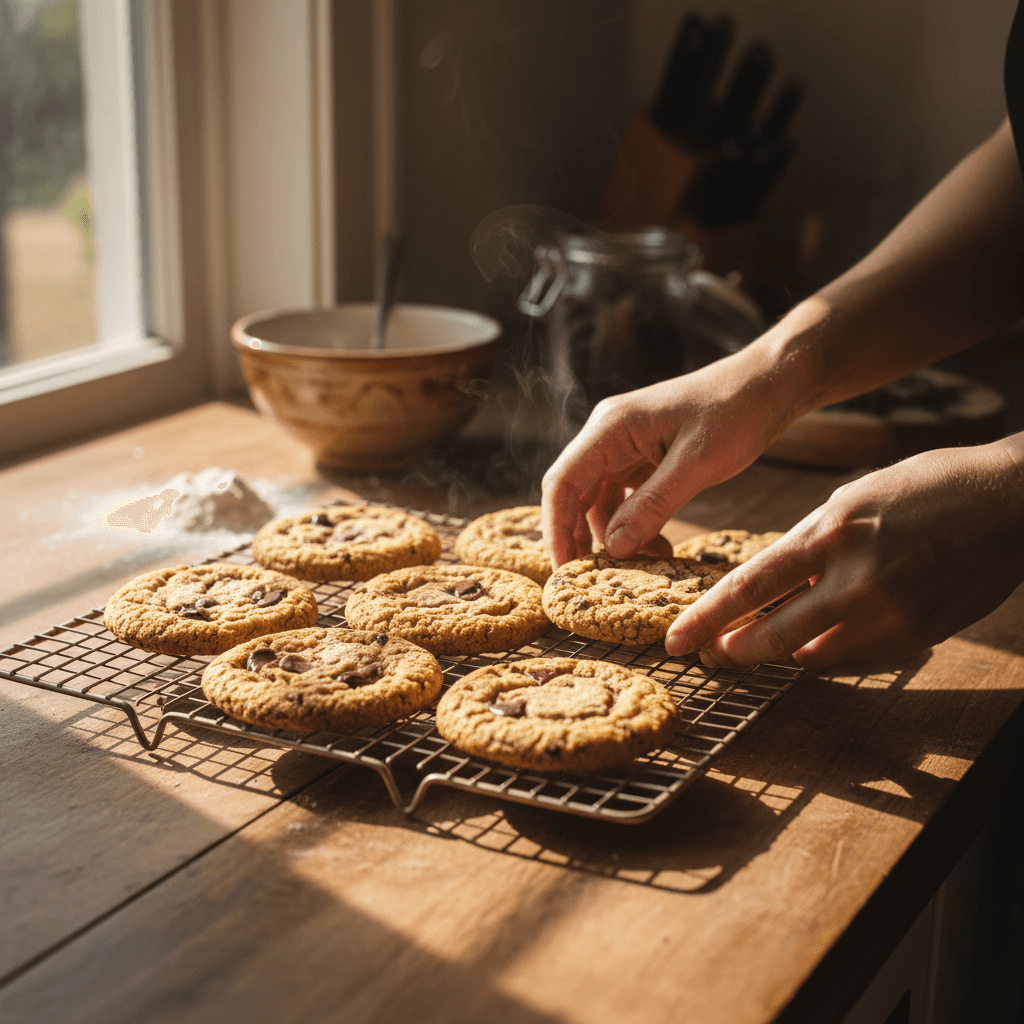 Stack of fresh baked chocolate chip cookies on a cooling rack