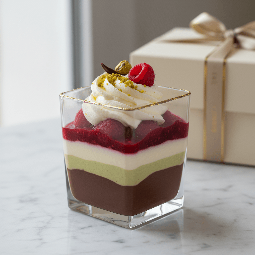 Elegant layered dessert in a glass cup topped with fresh berries