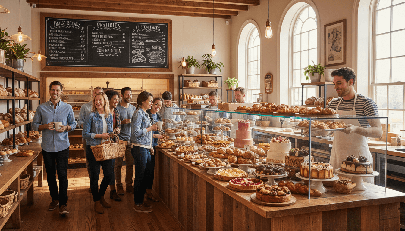 Freshly baked cakes, pastries, and cookies displayed on a wooden counter in a cozy Toronto bakery with warm lighting