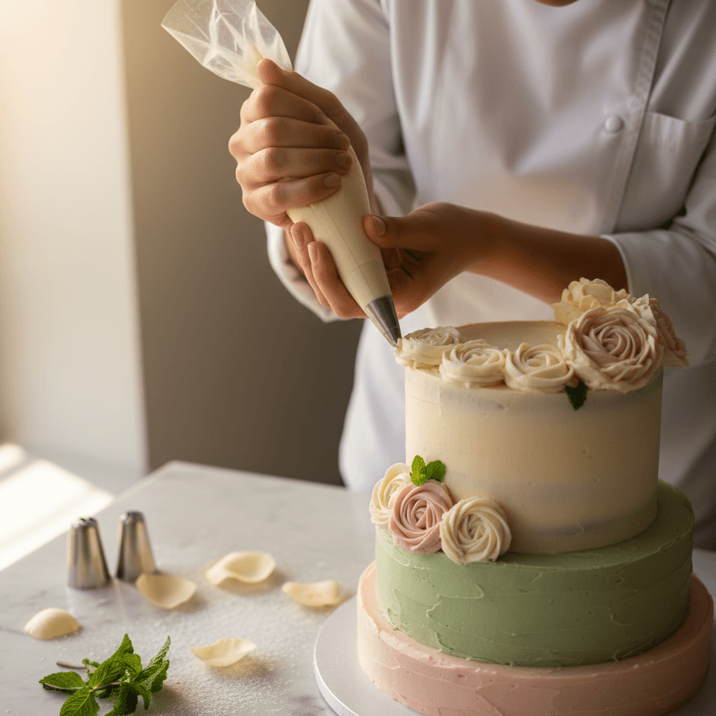 Decorating a layer cake in a bright bakery kitchen