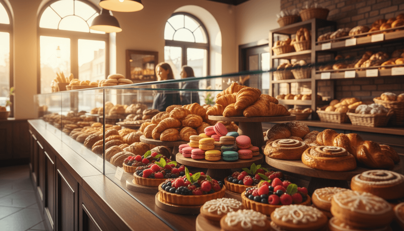 Freshly baked pastries and cakes on wooden shelves in a warm bakery display case